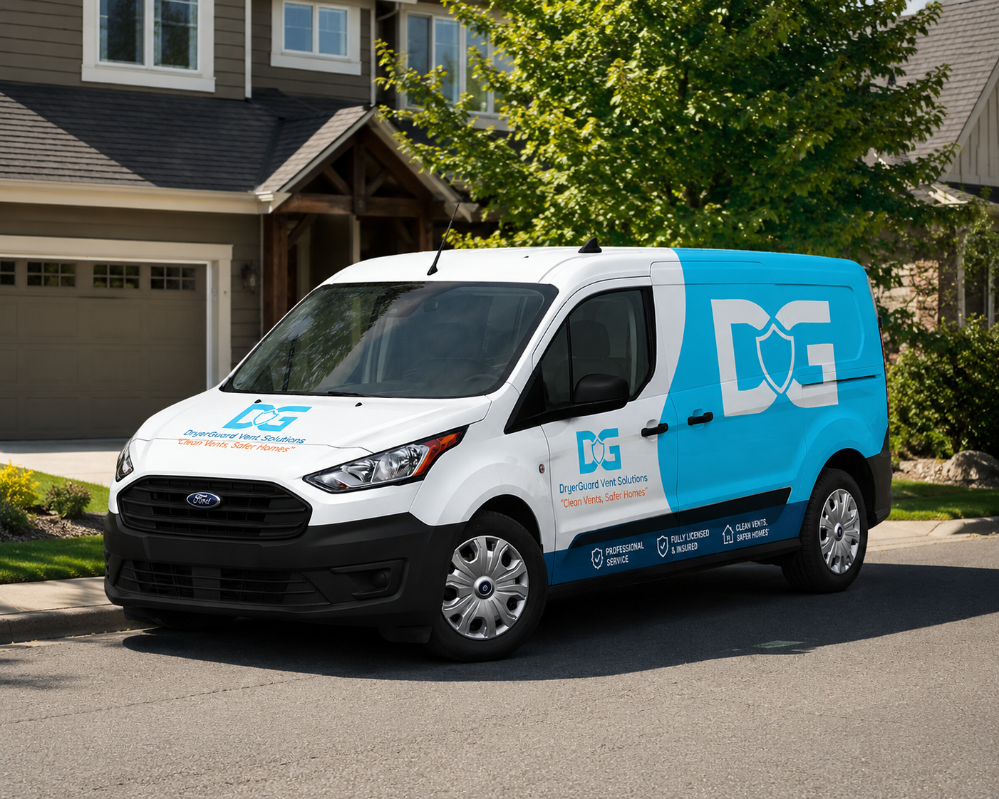 A white and blue delivery van with company branding parked on a suburban street in front of a house with a garage and green trees.