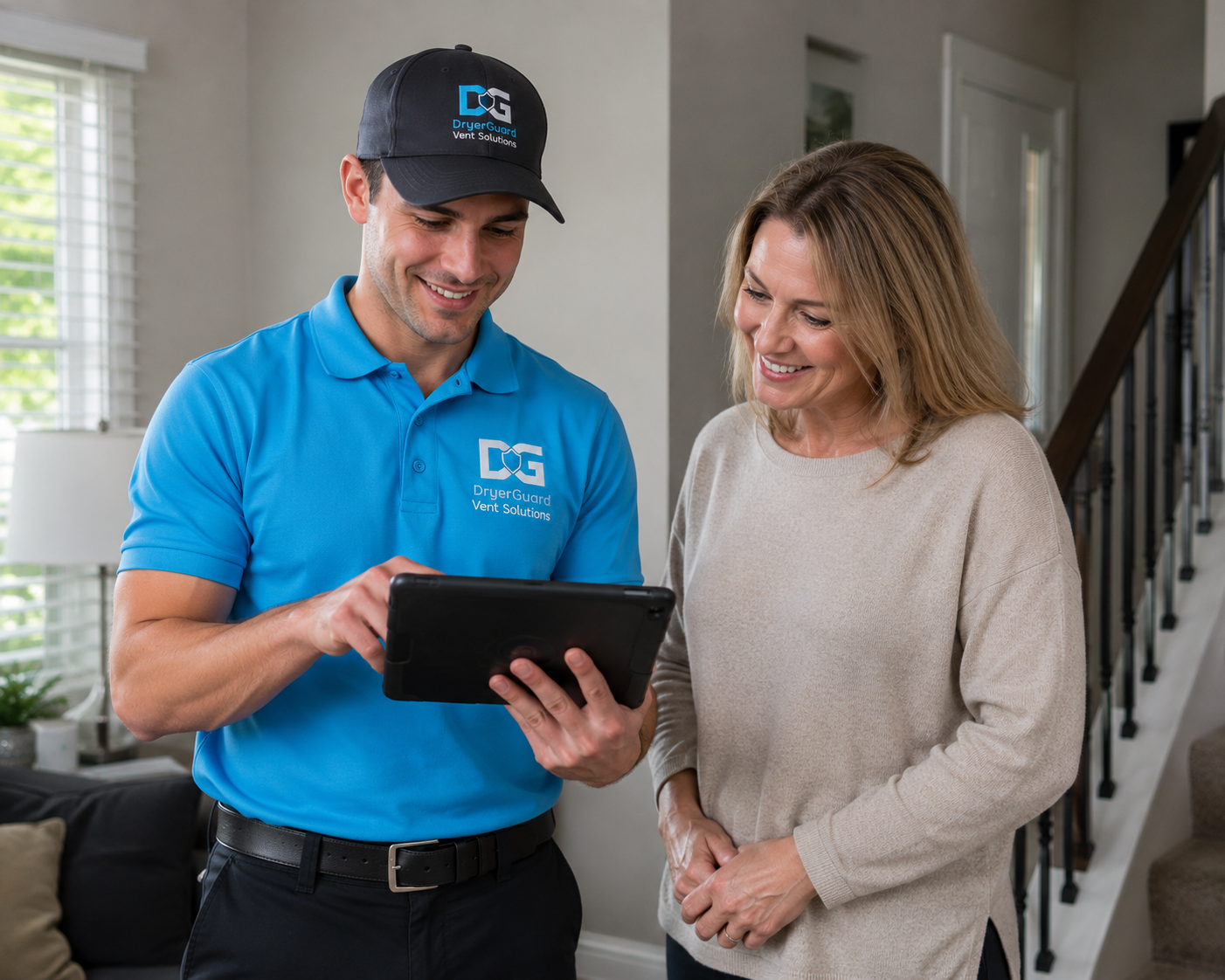 A smiling contractor in a blue uniform with the logo 'DryerGuard Vent Solutions' on his shirt and cap showing a tablet to a woman in a beige sweater inside a home's living room.