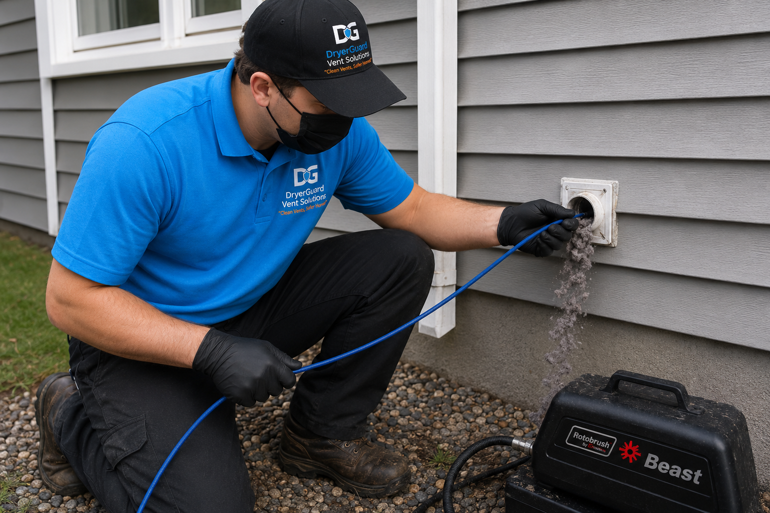 A technician wearing a black mask, black gloves, a blue shirt, and a black cap labeled 'DryerGuard Vent Solutions' performs vent cleaning outside a house. The technician is kneeling on the gravel and inserting a cleaning tool into a house vent, with equipment labeled 'Rotobrush Beast' nearby.