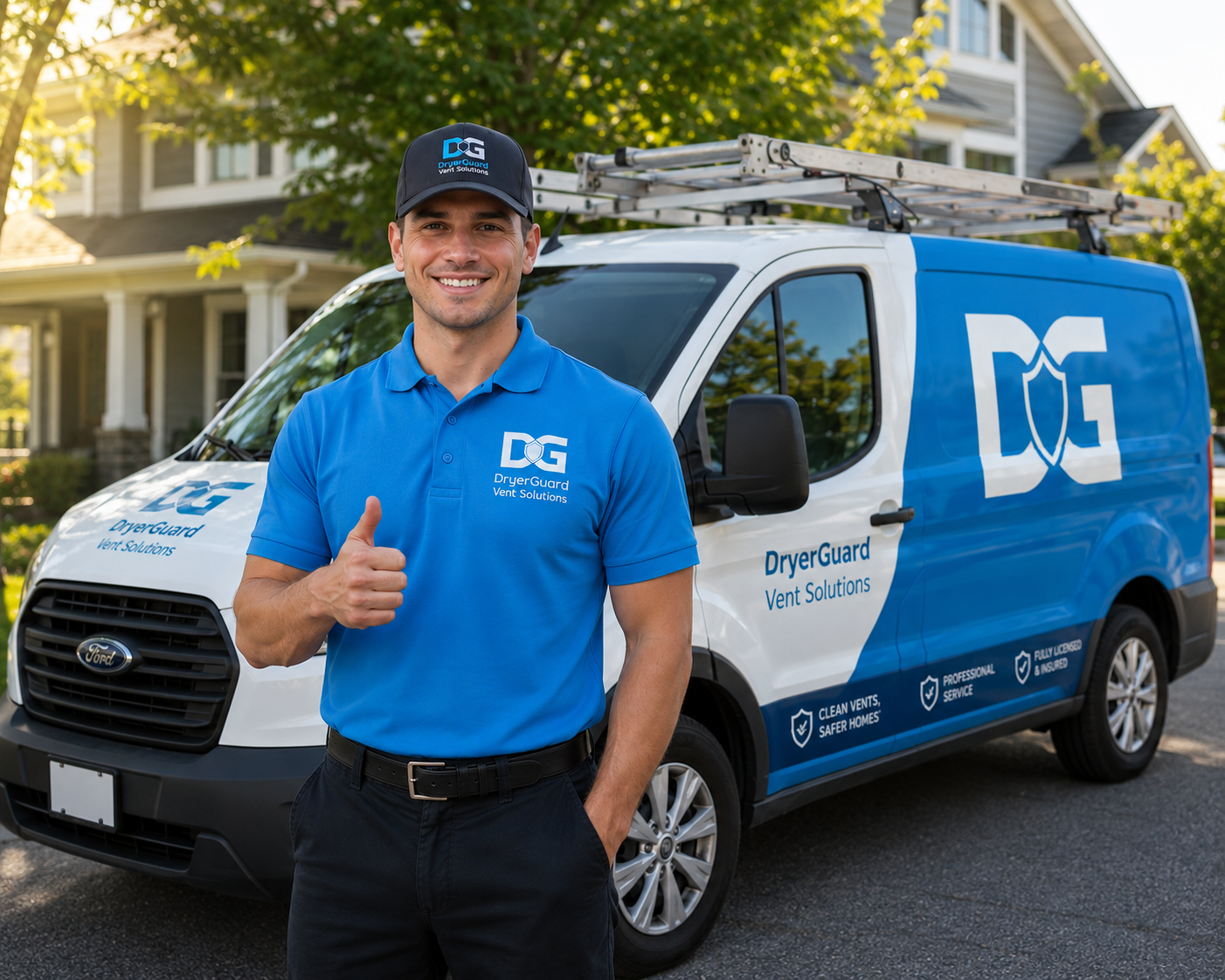 A smiling man in a blue polo and cap giving a thumbs up in front of a white and blue service van with company branding for DryerGuard Vent Solutions, parked in a suburban neighborhood with houses and trees in the background.