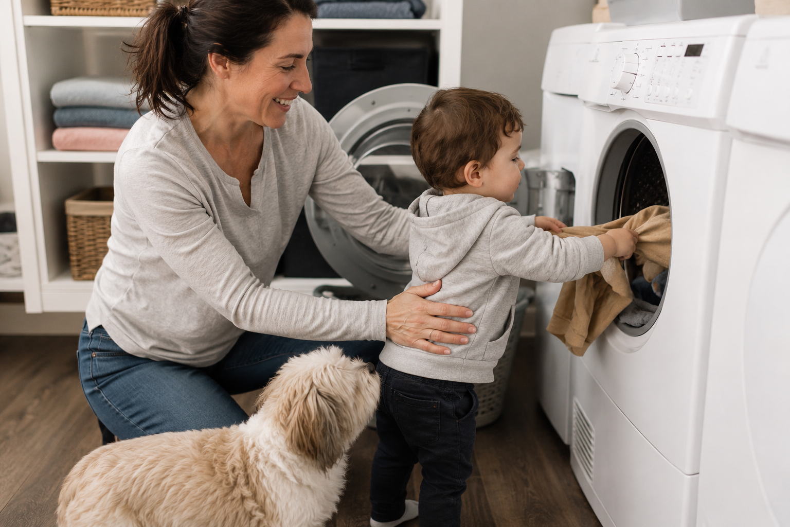 A woman, a young boy, and a dog loading laundry into a washing machine in a laundry room.
