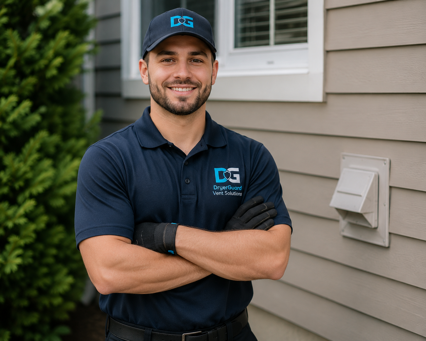 A smiling man in a navy uniform and cap with the DryerGuard logo, standing outdoors beside a house wall, with arms crossed.