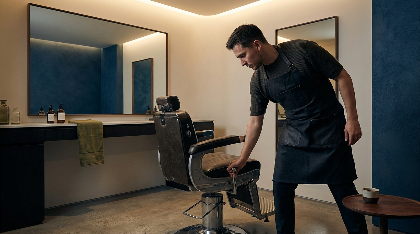 Barber adjusting a vintage styling chair in a modern salon with two large mirrors on the wall.