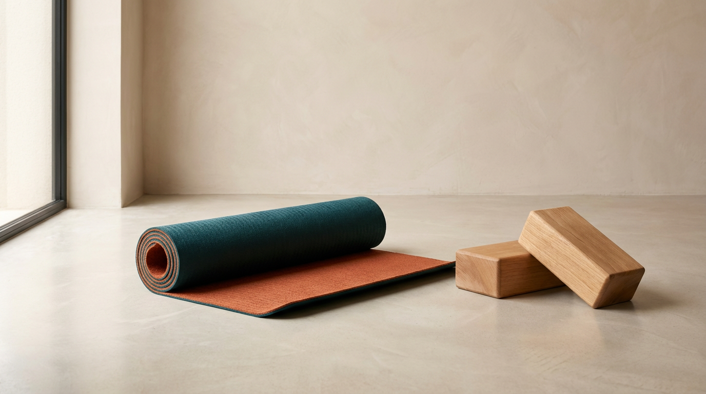 A rolled-up yoga mat next to two wooden blocks on a smooth, light-colored floor near a window.