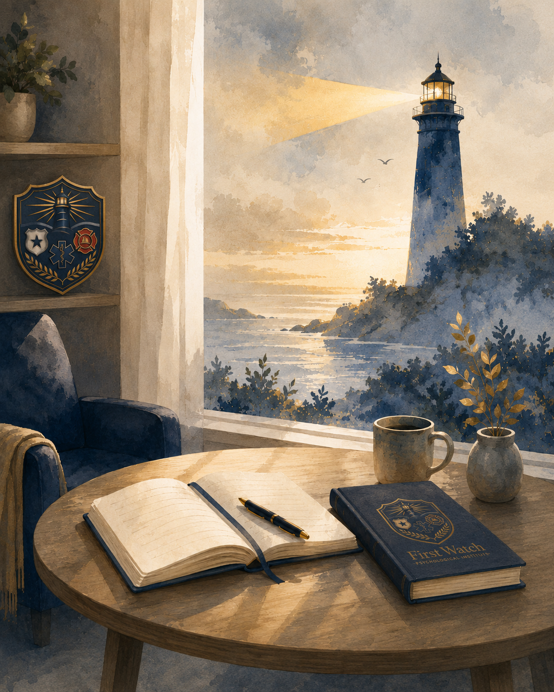 A cozy interior with a round wooden table near a window, overlooking a lighthouse on a rocky coast at sunset. The table has a coffee mug, an open notebook, a closed book labeled 'First Watch', and a pen. Shelves on the wall hold decorative items, including a shield with a lighthouse emblem. There is a plant in a vase on the table, and a blue armchair is partially visible.