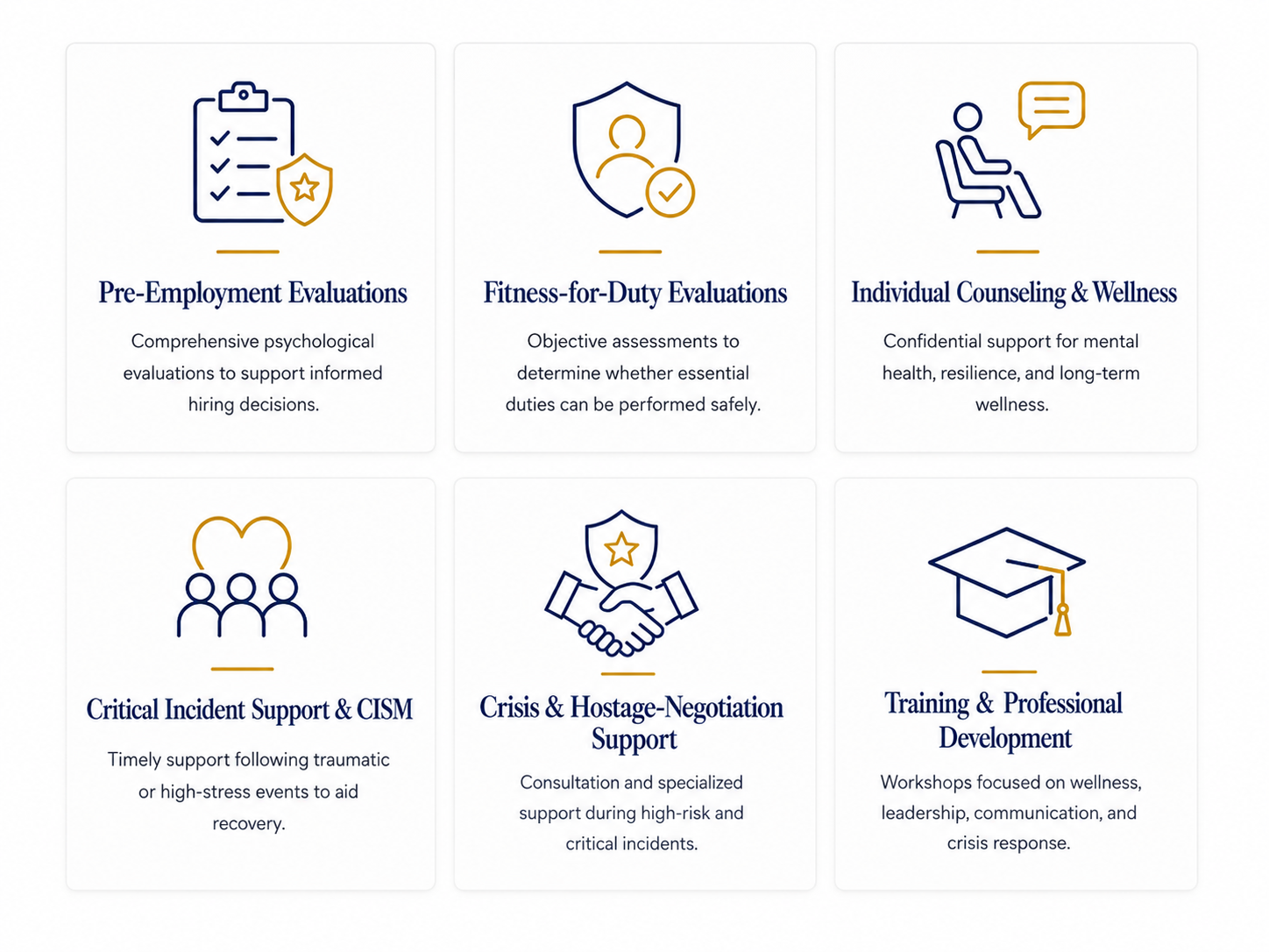 An infographic of six professional services, each with an icon and description. The services are Pre-Employment Evaluations, Fitness-for-Duty Evaluations, Individual Counseling & Wellness, Critical Incident Support & CISM, Crisis & Hostage-Negotiation Support, and Training & Professional Development.