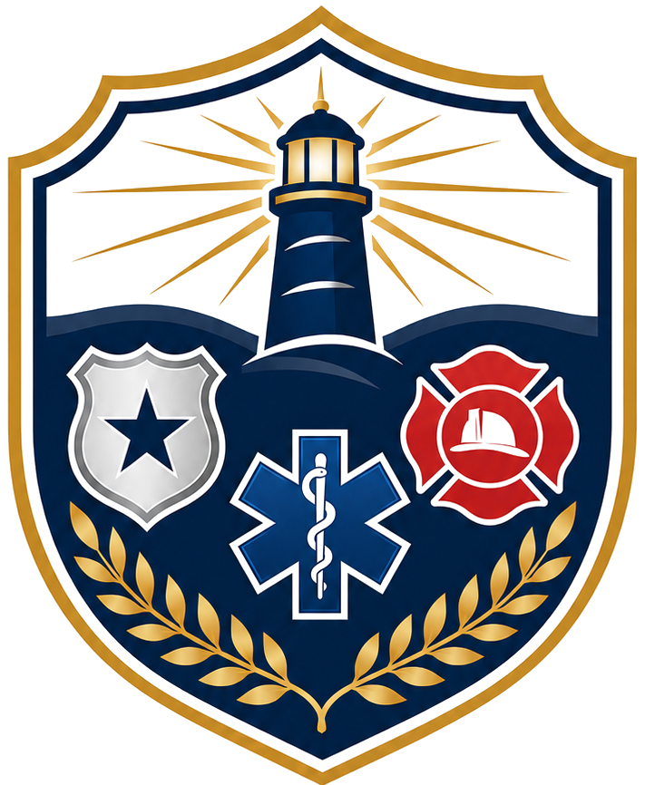 A firefighter badge featuring a lighthouse at the top, a star emblem on the left, a firefighter helmet and gear on the right, and a medical symbol at the bottom, all surrounded by laurel branches.