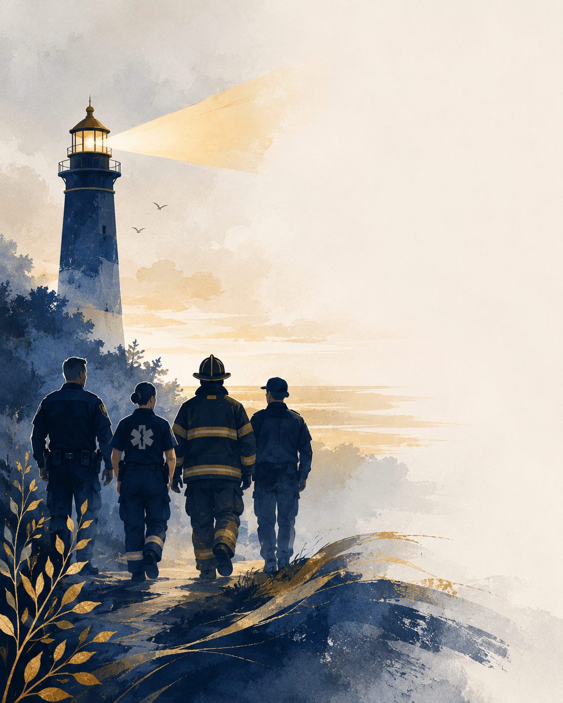 Four emergency responders, including firefighters and paramedics, walking along the coast near a lighthouse at sunset.