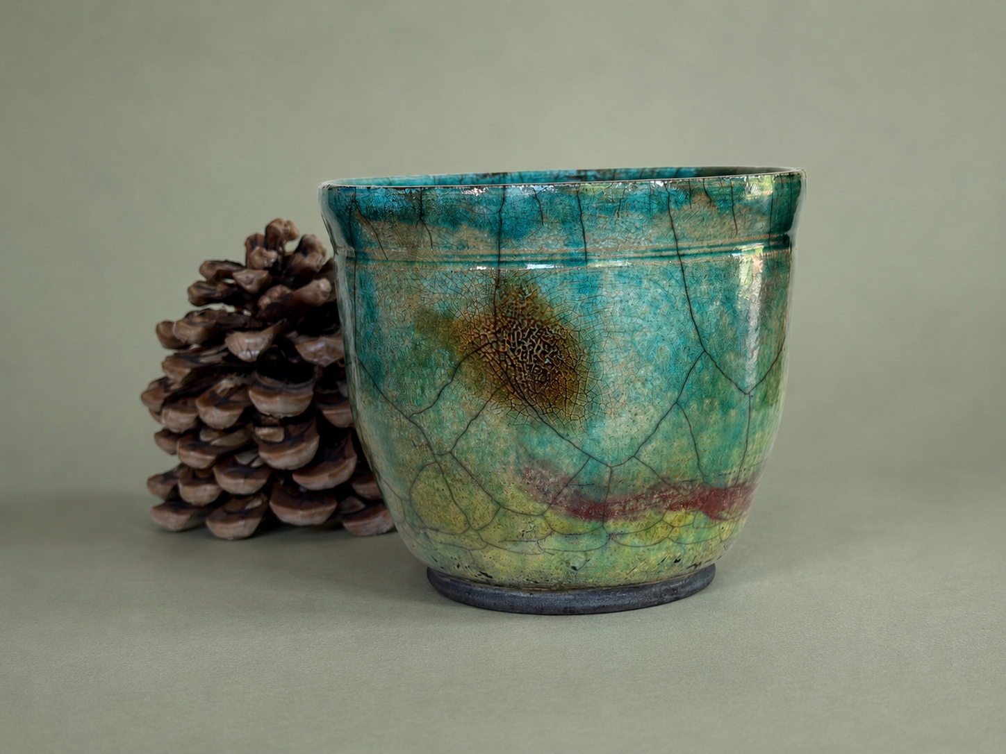 Green Crackle Raku Vessel