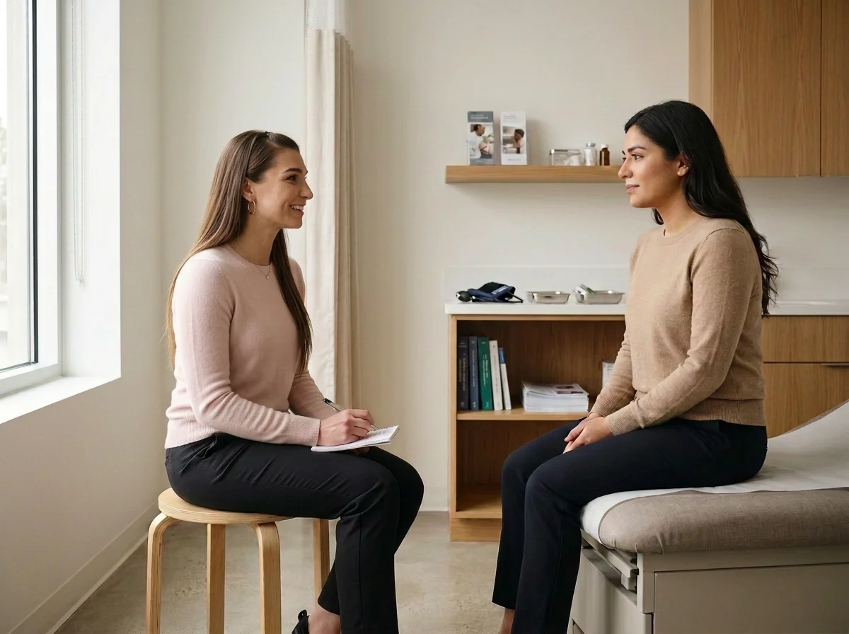 Two women having a conversation in a medical or counseling office, one seated on a stool with a notepad and pen, the other sitting on an exam table, both smiling and maintaining eye contact.