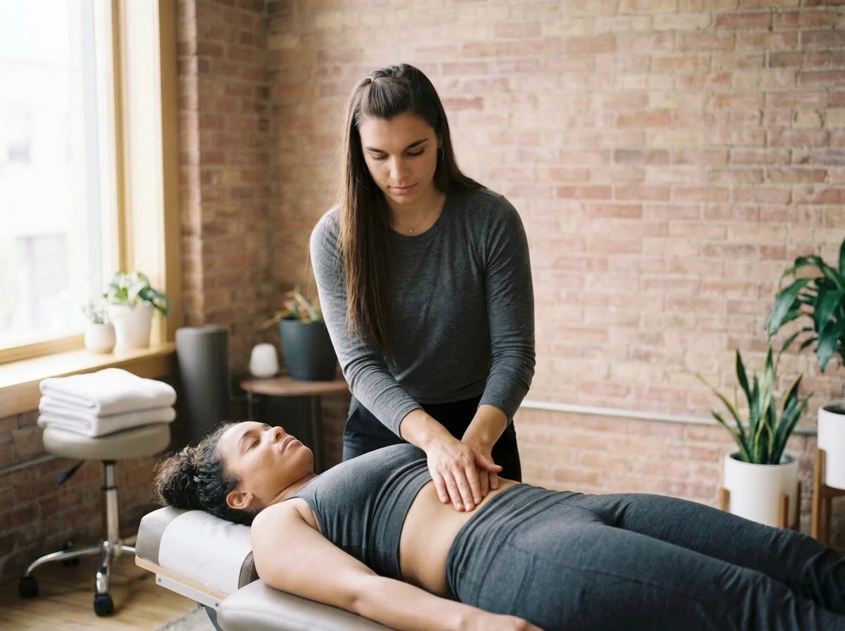 Woman receiving abdominal massage from therapist in a wellness clinic with brick walls and potted plants.