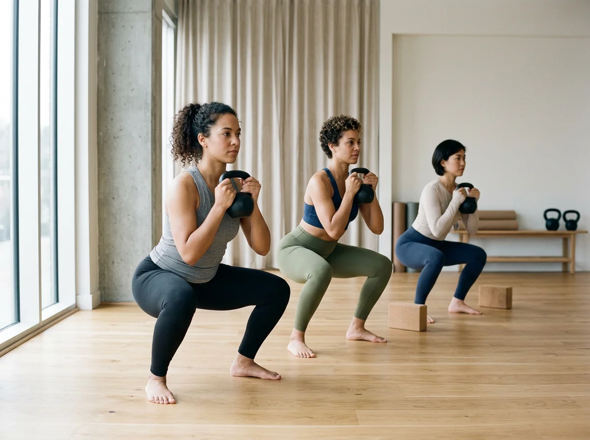 Three women participating in a fitness class, doing squats with kettlebells in a spacious, well-lit room with wooden floors and large windows.
