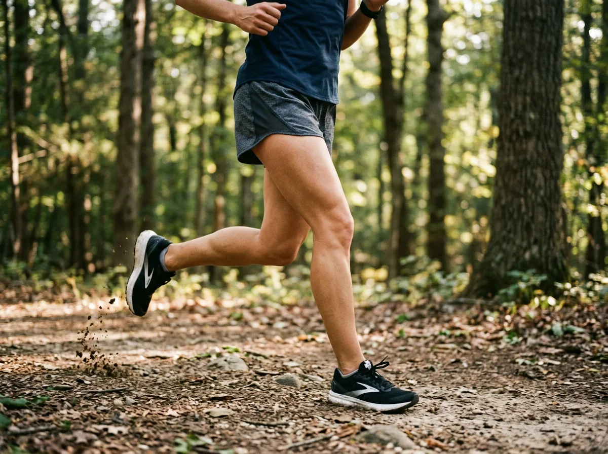A person running or jogging on a dirt trail through a forest with tall trees and sunlight filtering through the leaves.