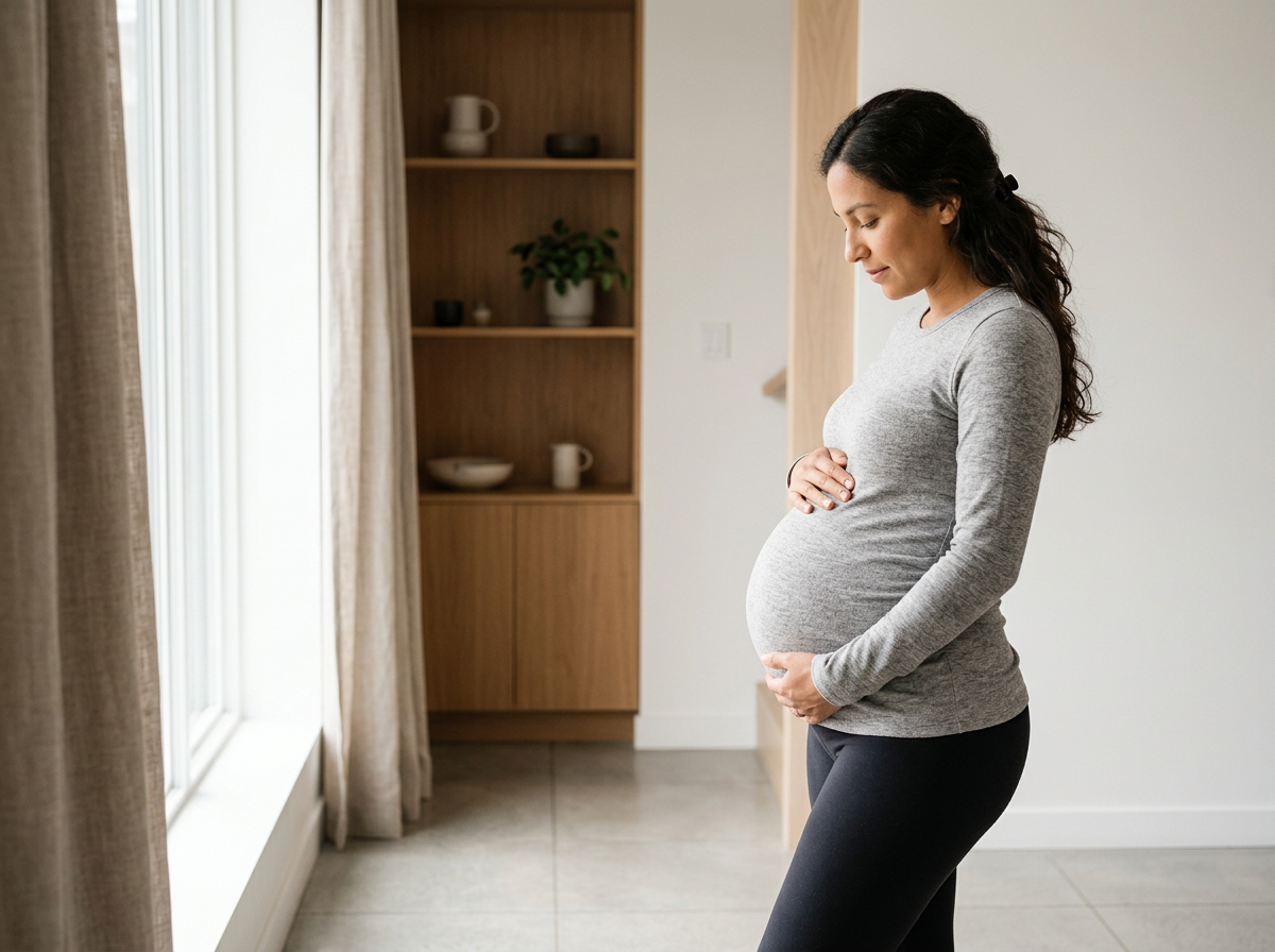 Pregnant woman in gray long sleeve shirt and black pants standing in a room, holding her belly and looking down.