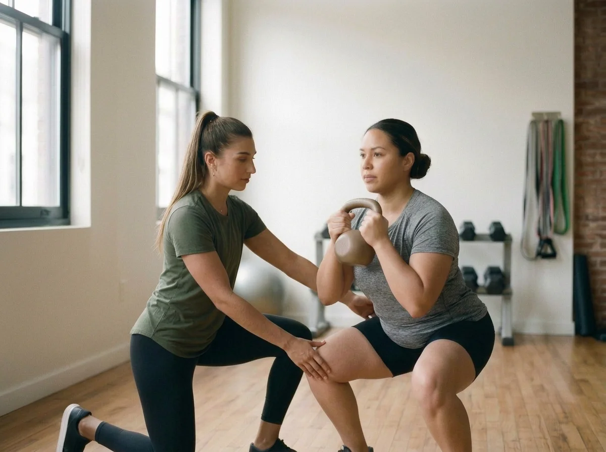 Trainer assisting woman with kettlebell squat in gym.