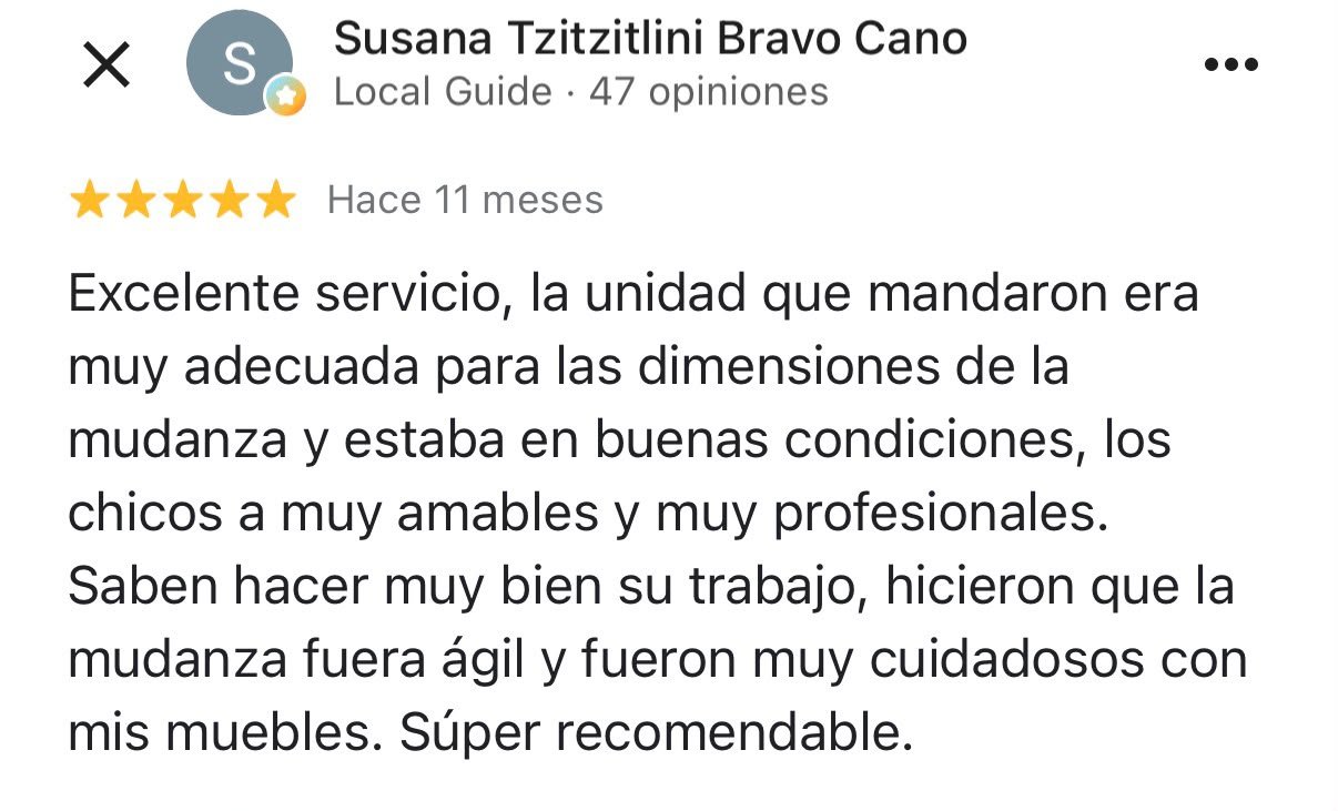Reseña de cliente recomendando servicio de mudanza, destacando profesionalismo y cuidado en muebles.