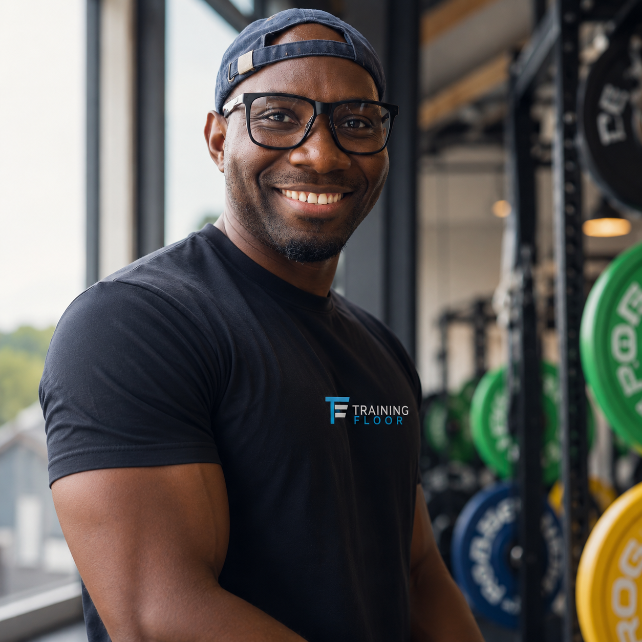 A smiling man wearing a navy cap and glasses, standing in a gym with weight racks behind him. He is wearing a black t-shirt with a logo that reads 'Training Floor'.