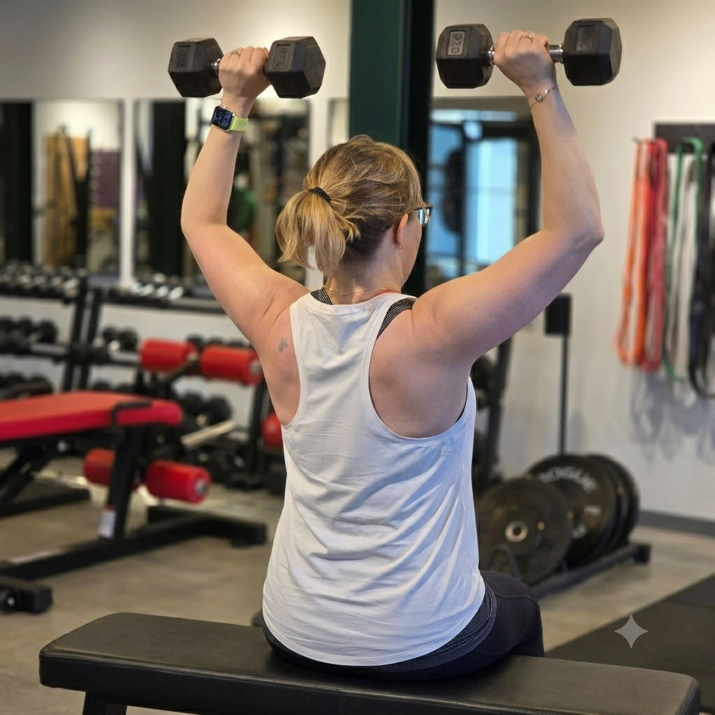 Woman with a ponytail and glasses sitting on a workout bench, lifting dumbbells overhead in a gym.