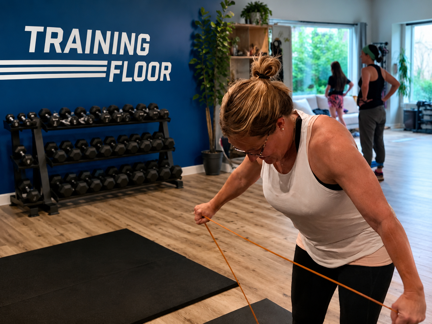 A woman using resistance bands in a gym with a blue wall that says 'Training Floor', with dumbbells on a rack in the background and other people exercising.