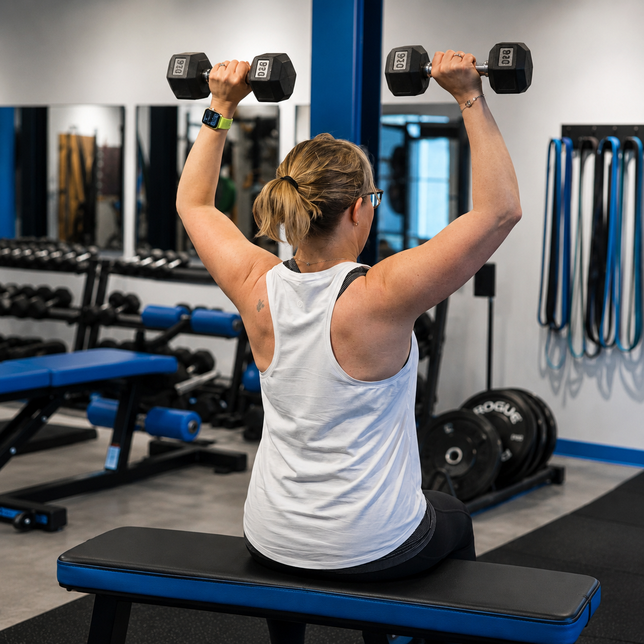 A woman lifting dumbbells while sitting on a workout bench in a gym.