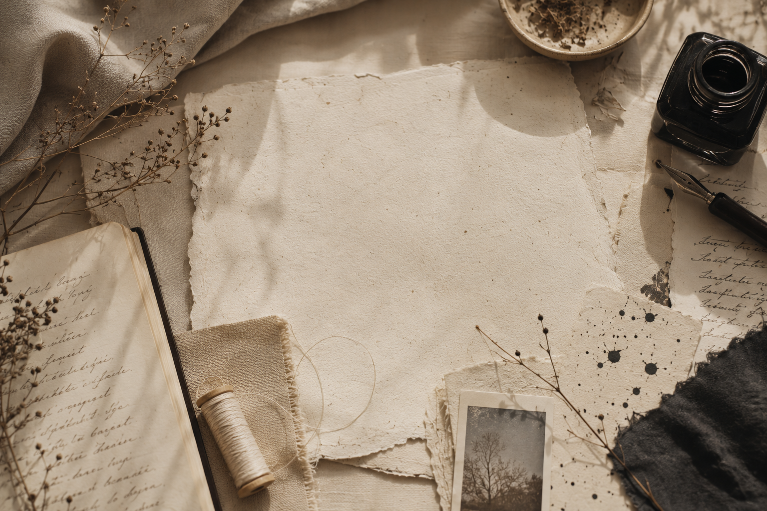Flat lay of vintage writing materials and decorative items, including blank textured paper, a fountain pen, ink bottle, handwritten notes, dried flowers, a spool of thread, a photograph of a tree, and ink splatters on paper.