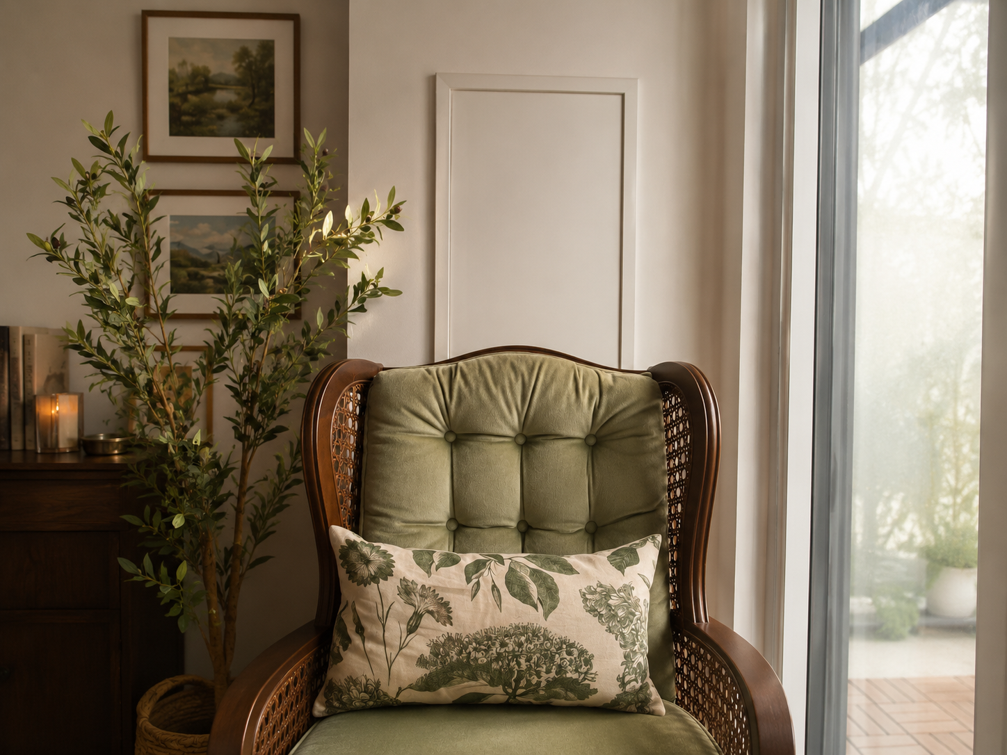 A vintage green armchair with a floral pillow where a therapist sits, next to a potted plant and a window with sheer curtains in a cozy office.