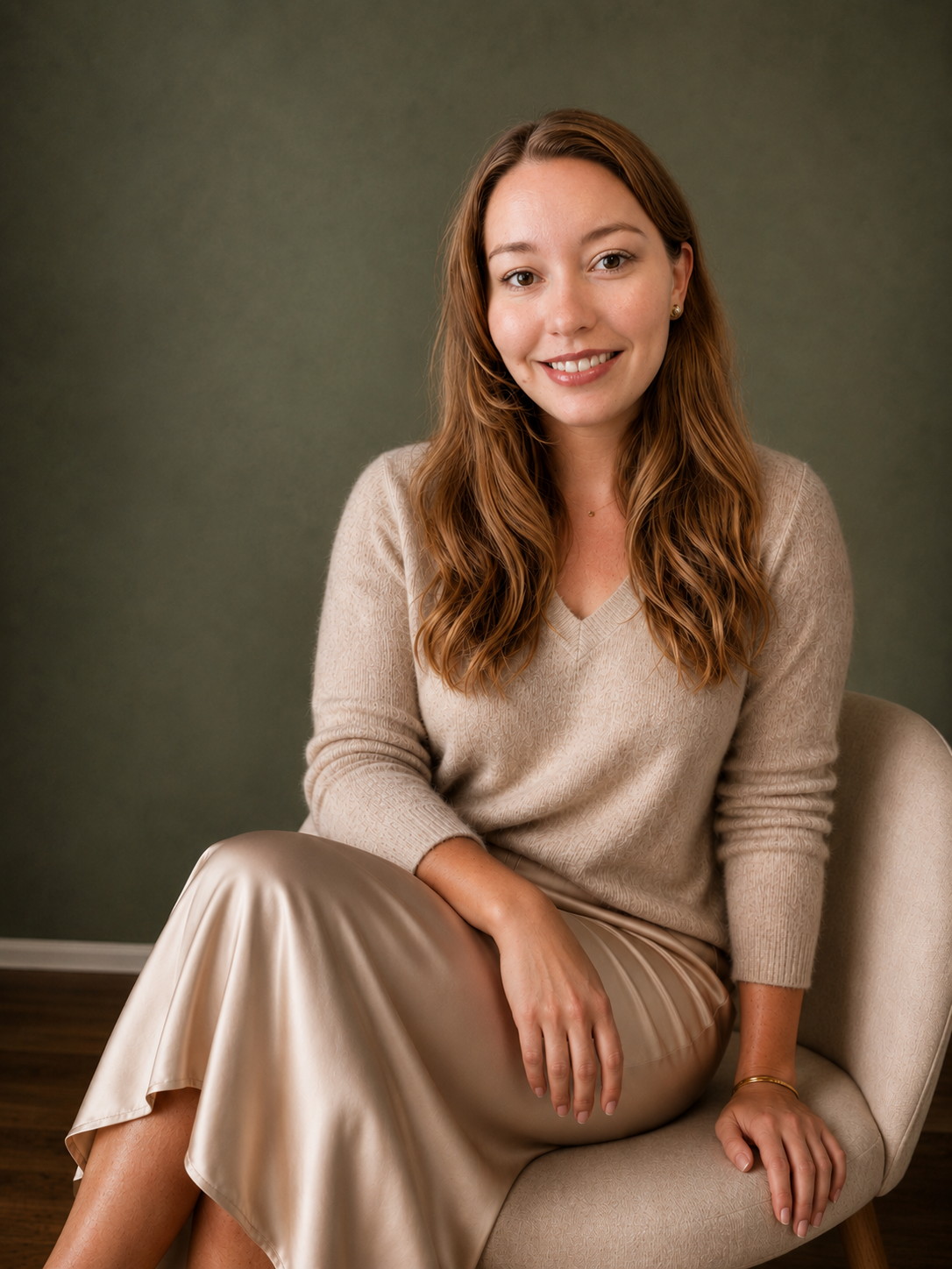 A woman with long red hair and a beige sweater sitting on a beige chair, smiling in front of a plain green background.