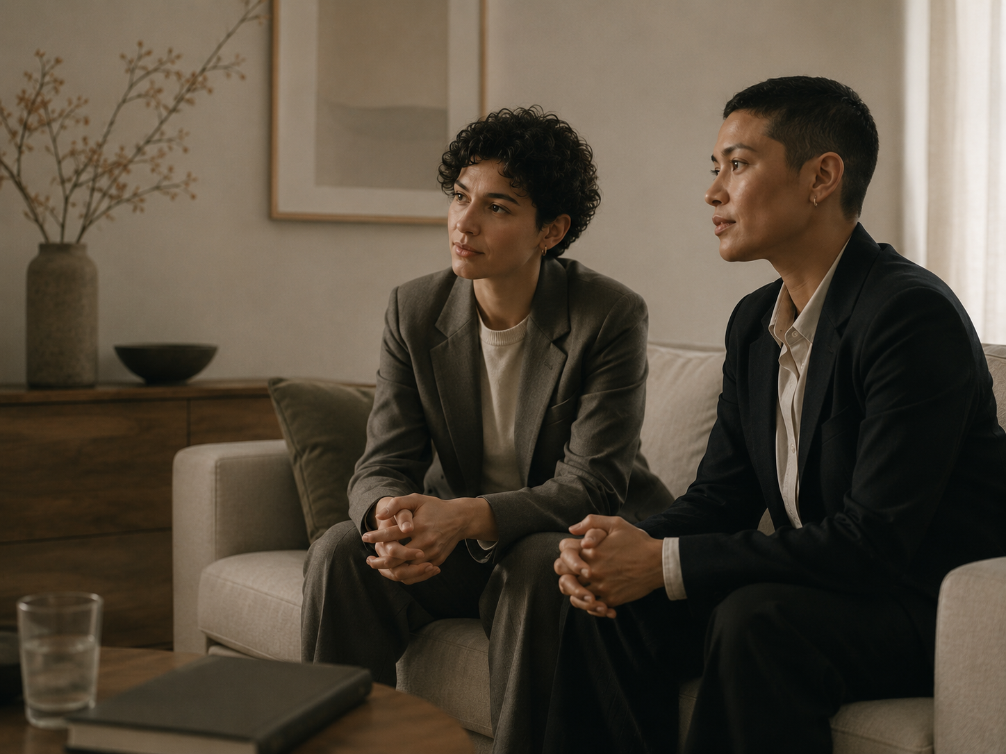Two people sitting on a beige sofa during a serious conversation in a living room, with a vase and framed artwork in the background.