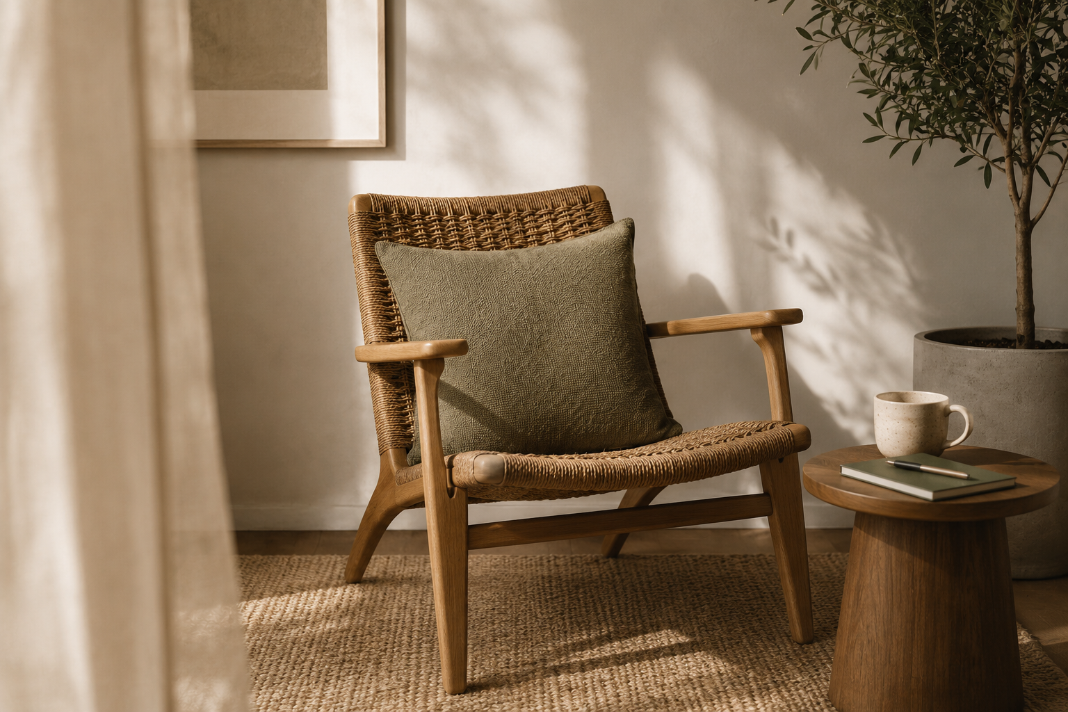 Cozy corner with a wooden chair and cushion, side table with a mug, notebook, and pen, potted plant, and artwork on the wall, illuminated by natural sunlight.