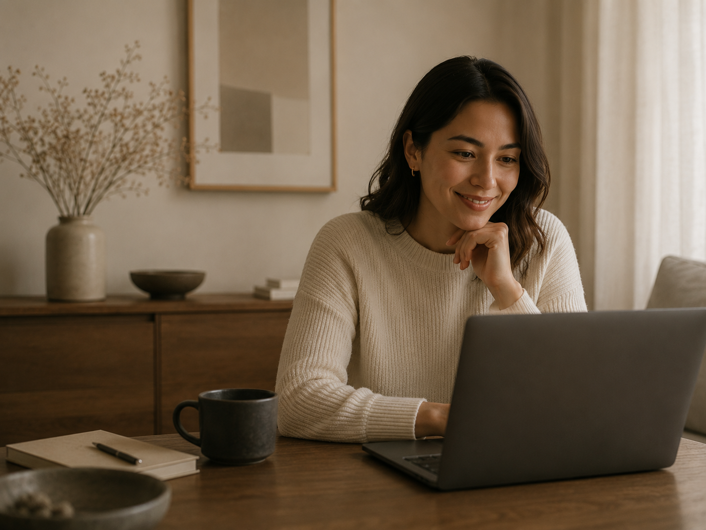 A woman with dark hair and a cream-colored sweater smiling at her laptop in a cozy, well-lit room with beige curtains and modern decor.