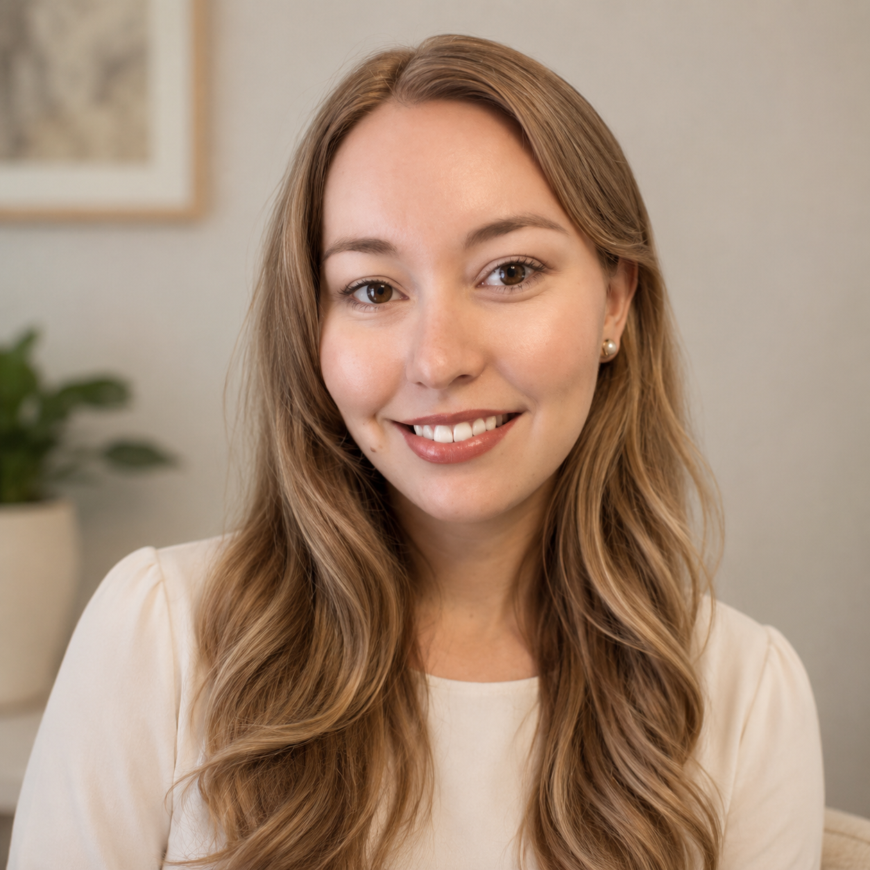 A young woman with long, wavy light brown hair smiling at the camera, wearing a cream-colored top and pearl earrings, in a softly lit indoor setting.