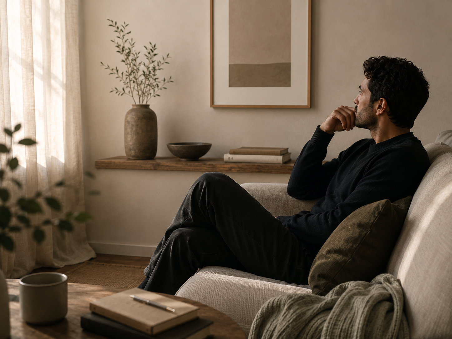 A man sitting on a beige couch in a living room, looking contemplative with his hand on his chin, near a window with curtains, with a side table, a large potted plant, and framed artwork on the wall.