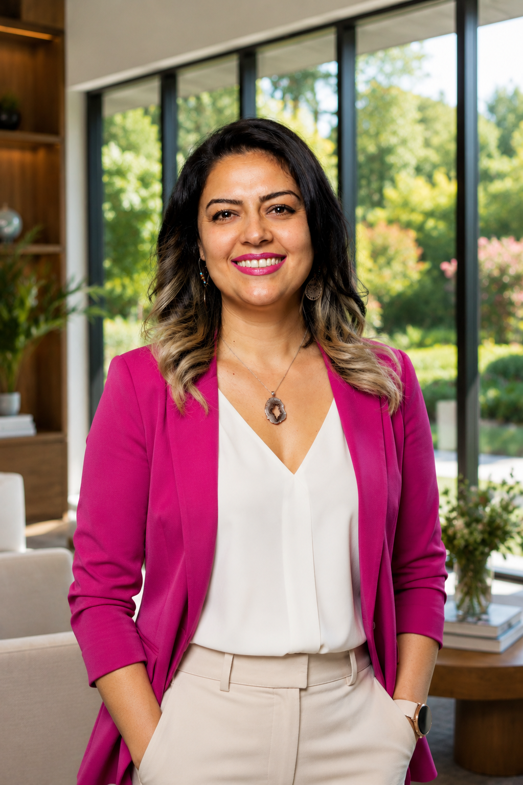 A woman with shoulder-length wavy hair, wearing a pink blazer over a white blouse, beige pants, and smiling in a modern room with large windows and outdoor greenery.