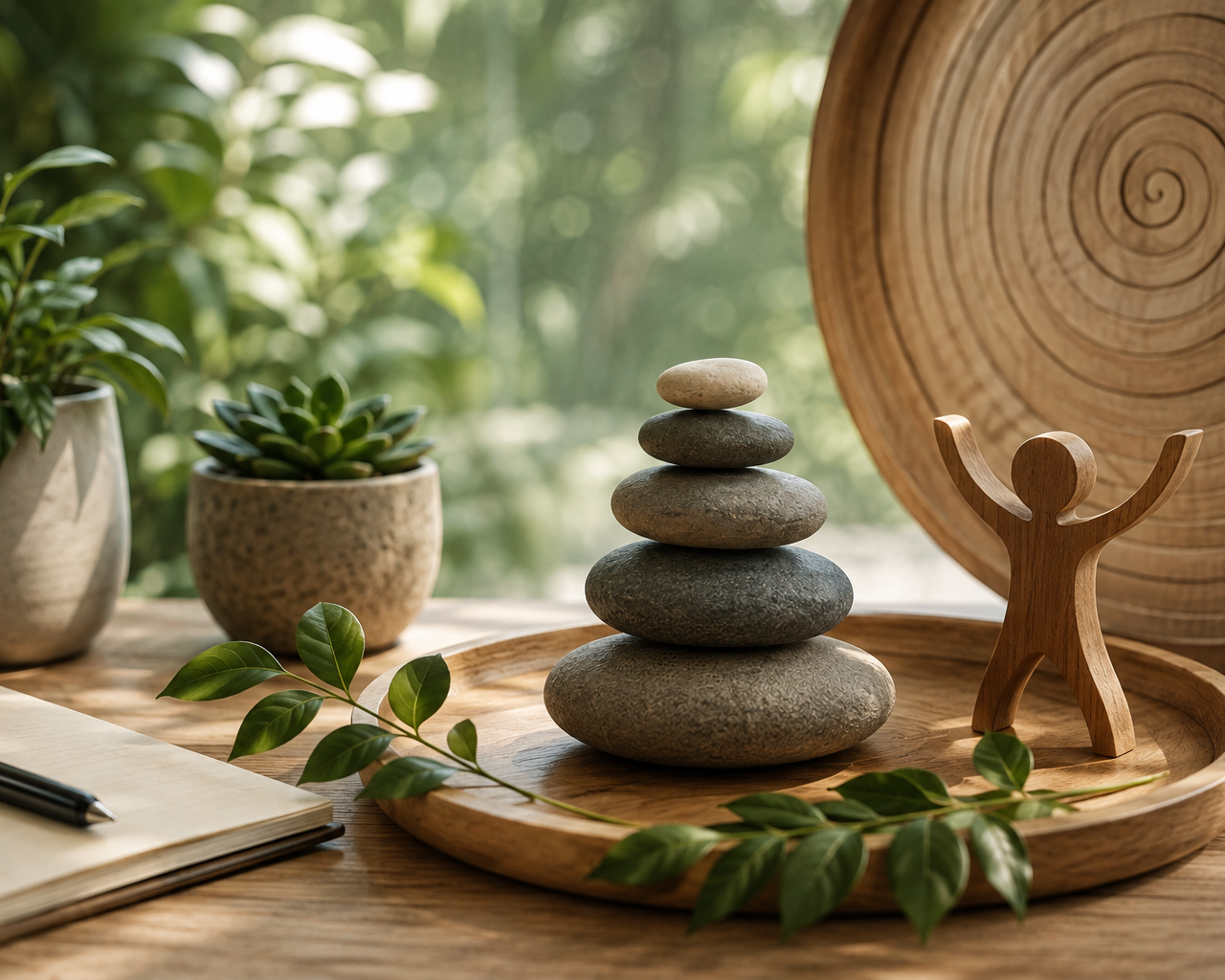 Decorative arrangement with a wooden tray holding a small wooden figure with arms raised, a tower of stacked smooth stones, potted plants, and a notebook with a pen, set on a wooden surface near a window with greenery outside.