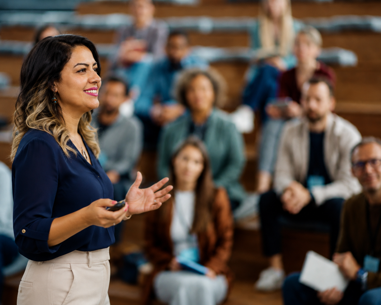 Woman giving a presentation in a classroom or conference setting with a diverse audience seated in tiered seating.