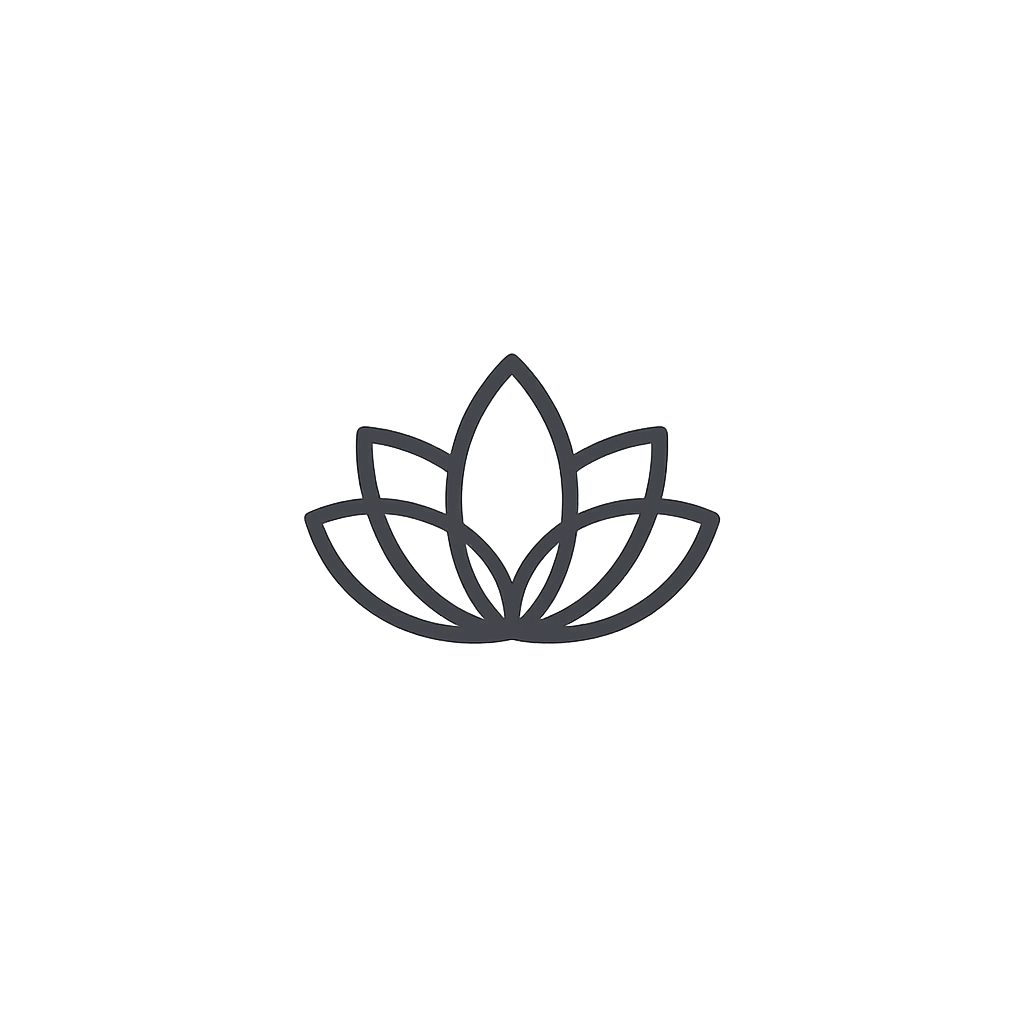 Line drawing of a woman meditating in a lotus position with a lotus flower symbol above her head and incense sticks below, surrounded by a dotted circle.