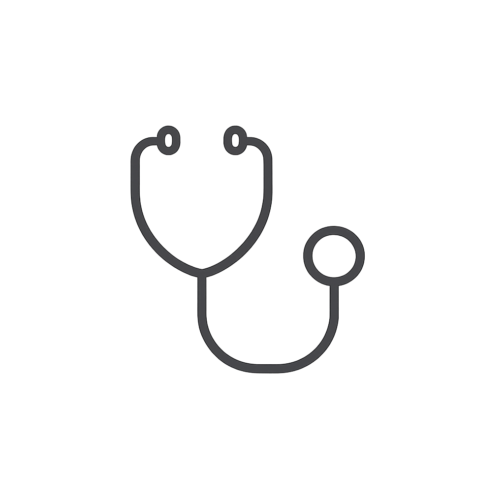 Outline of a stethoscope with some text reading 'medical' and 'health care' around it.