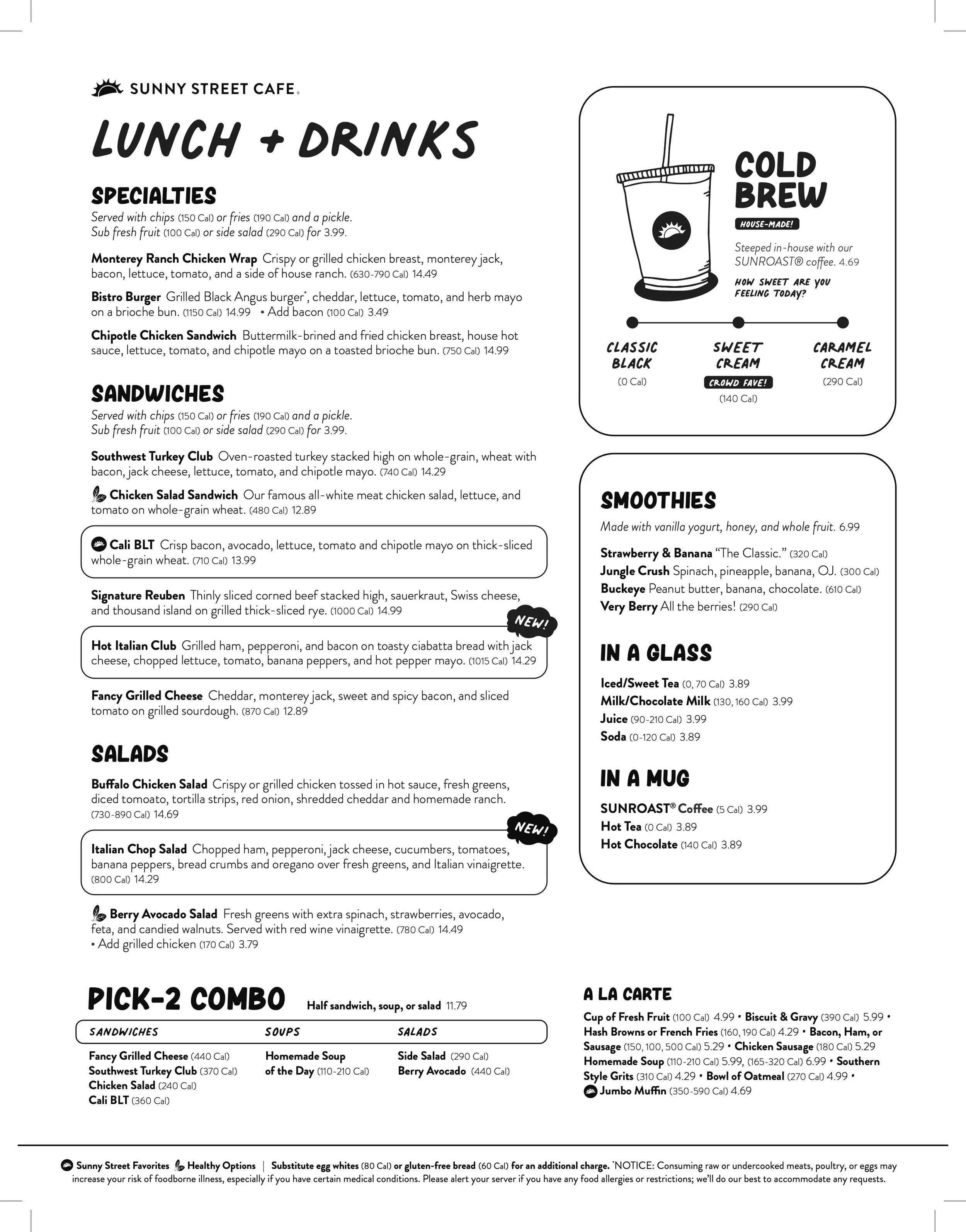 Menu of Sunny Street Cafe featuring lunch, drinks, salads, sandwiches, smoothies, and mugs of coffee or tea.