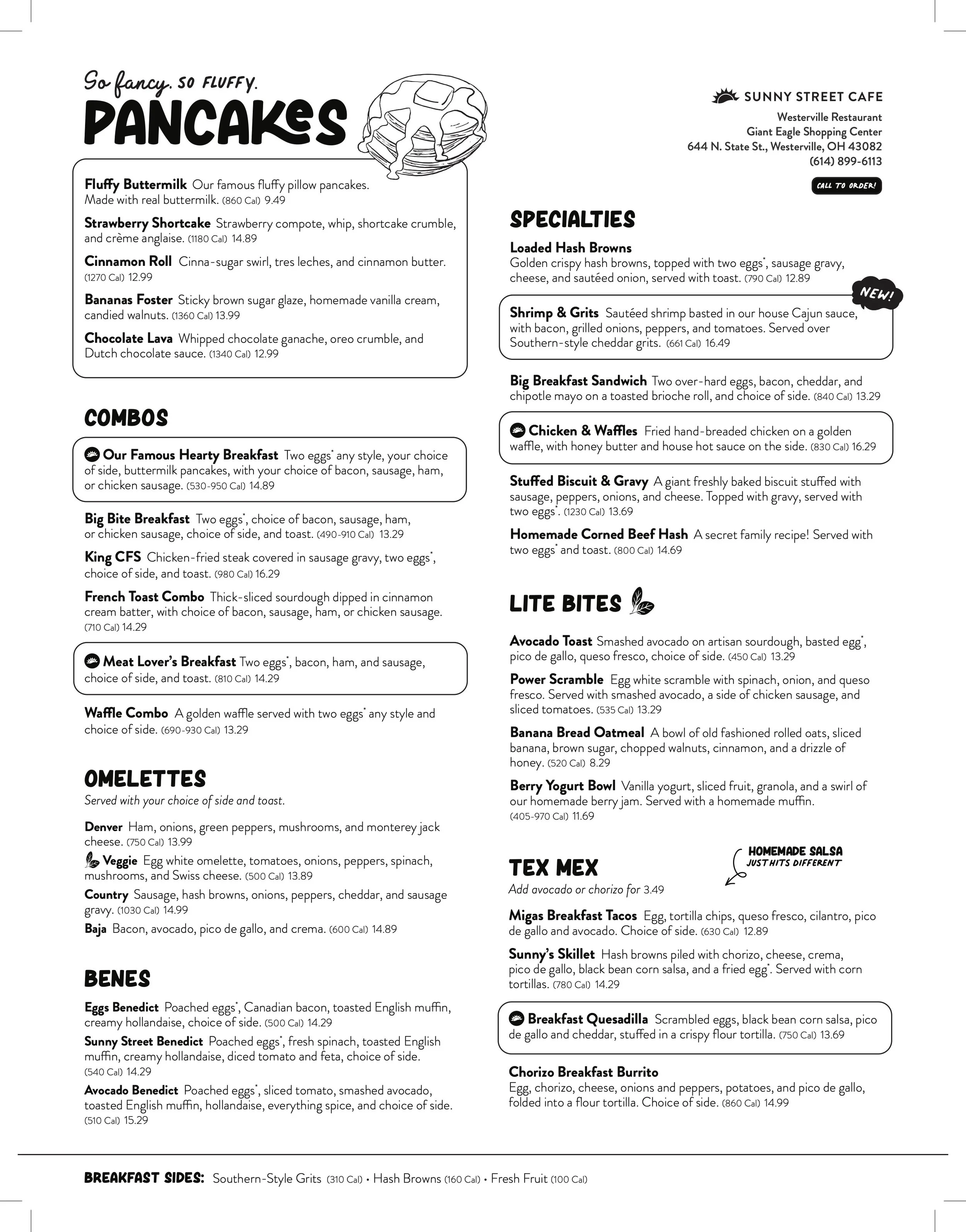 A breakfast menu from Sunny Street Cafe listing various pancakes, omelettes, benedicts, speacialts, lite bites, Tex Mex, and breakfast sides.