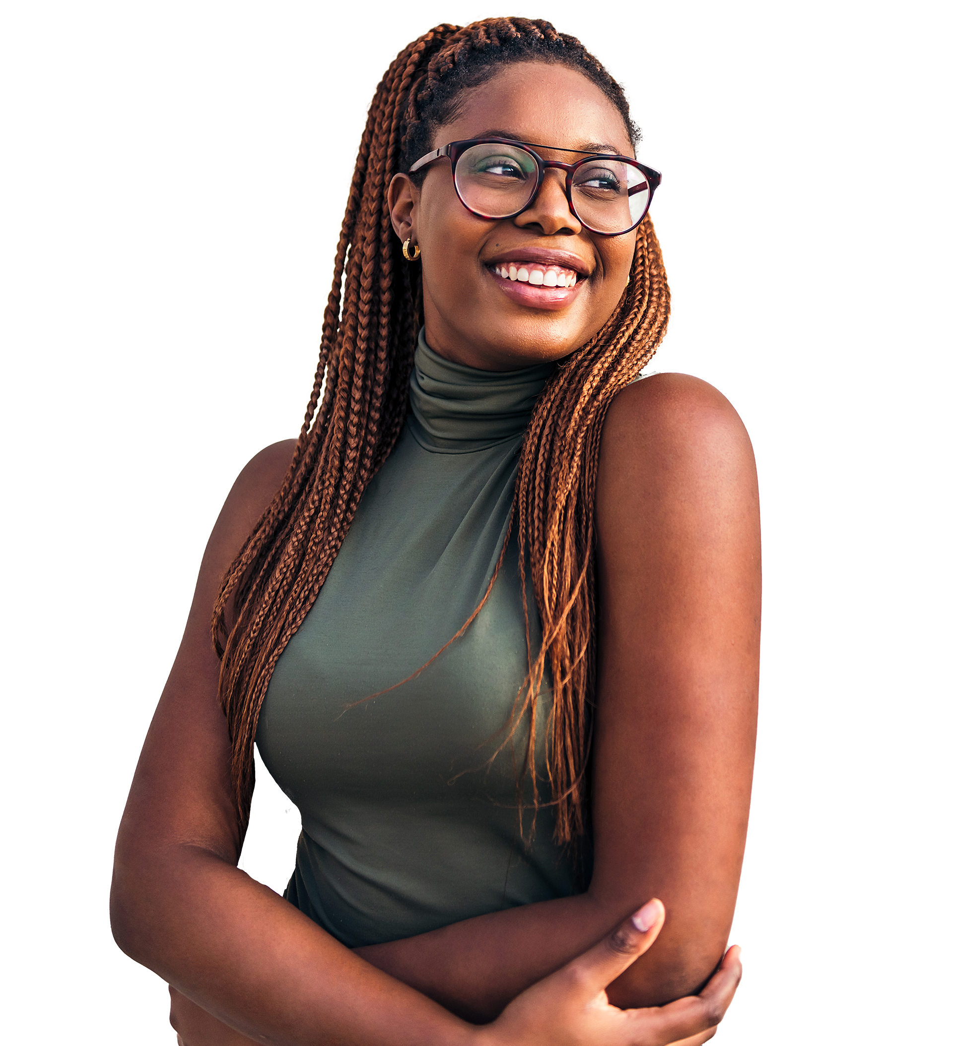 A young woman with braided hair wearing glasses and a sleeveless top, smiling and crossing her arms.