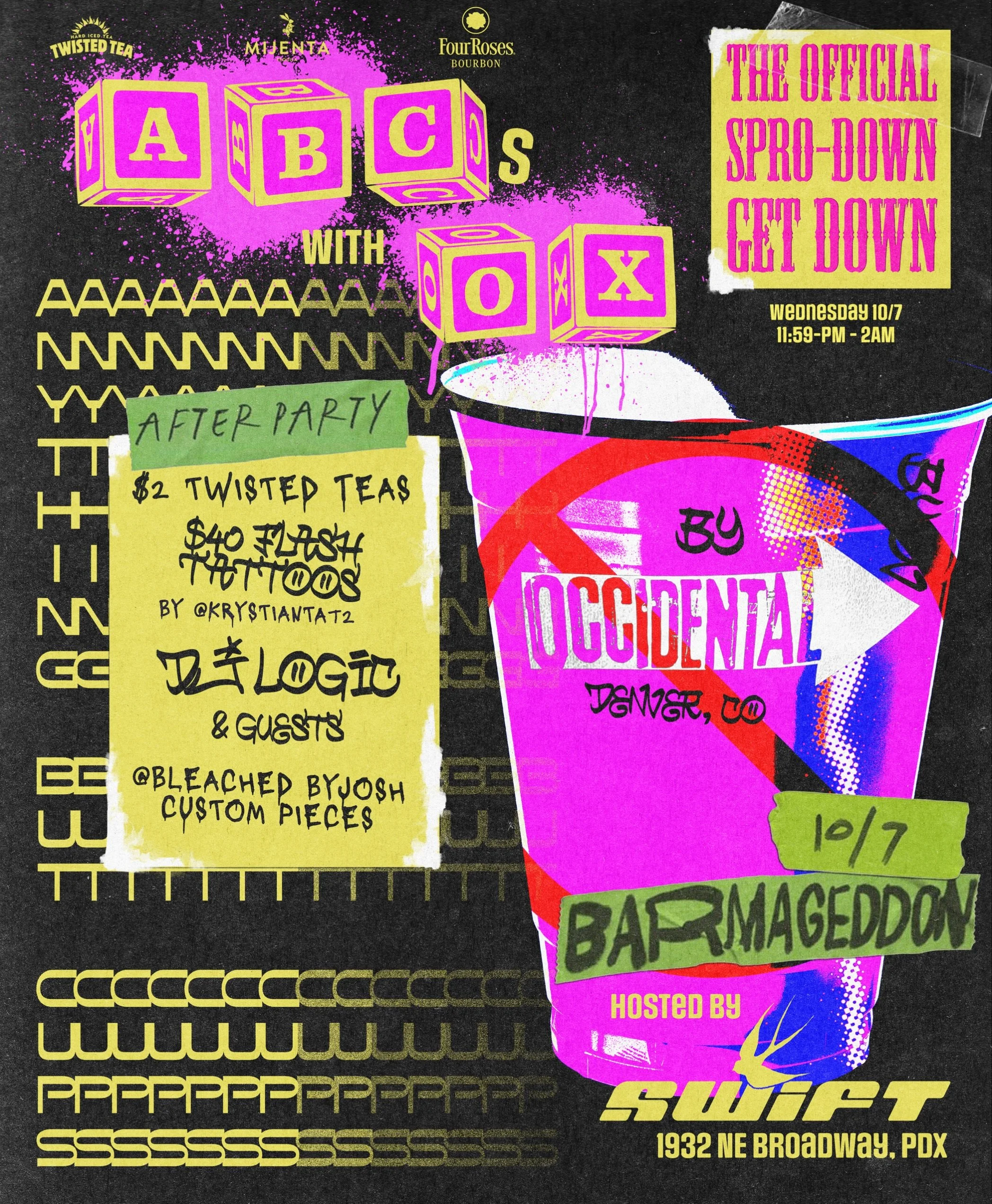 HIDE YO KIDS
HIDE YO CUPS
OX GONNA GIVE IT TO YA

We&rsquo;re bringing lots of cool not-cups to put FIRE cocktails in and you should too.

Occidental x @swiftloungepdx
Wednesday 10/7 &bull; 11:59pm&ndash;2am

We&rsquo;ve got a DJ spinning hip hop &am
