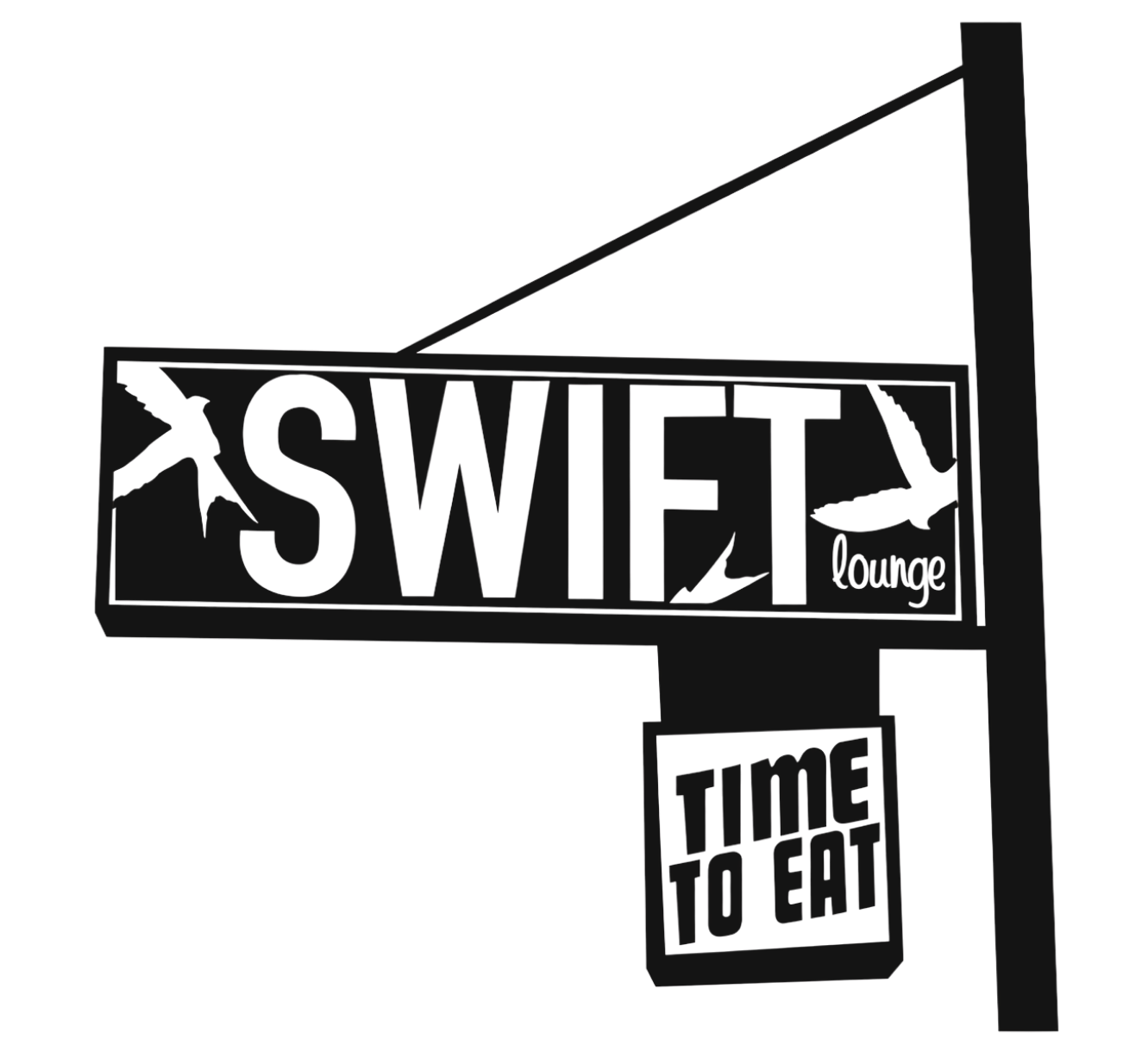 Sign for Swett Lounge with an arrow and a smaller sign that says 'time to eat' hanging below.
