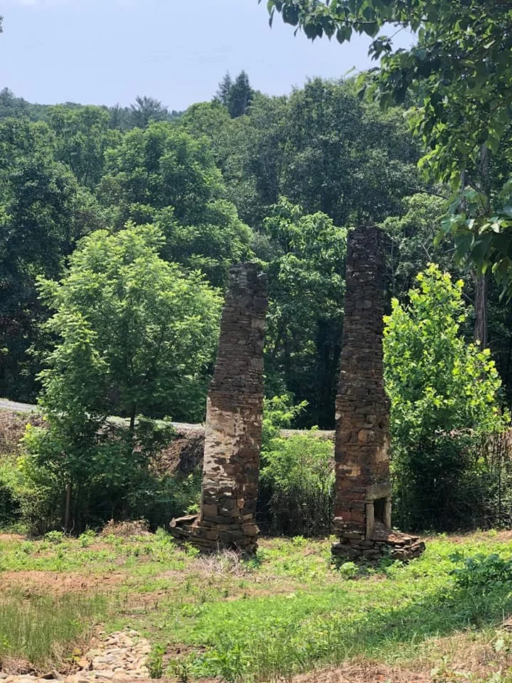 Two tall, abandoned brick chimneys standing in a grassy area surrounded by green trees and foliage, with a clear blue sky overhead.