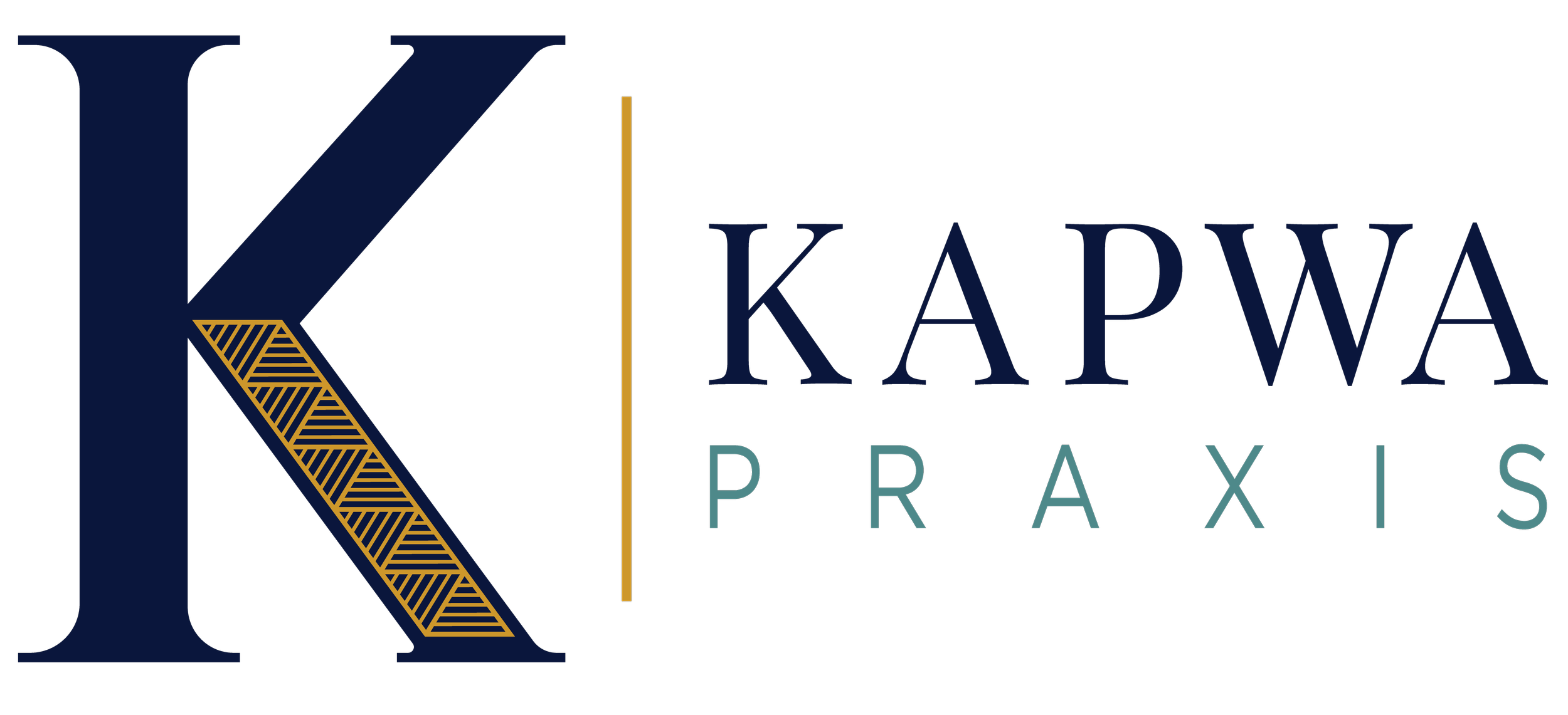 Logo for Kappa Praxis with a large stylized 'K' in navy blue, a vertical gold line separating the 'K' from the text, and the words 'Kappa Praxis' in dark blue and teal below.