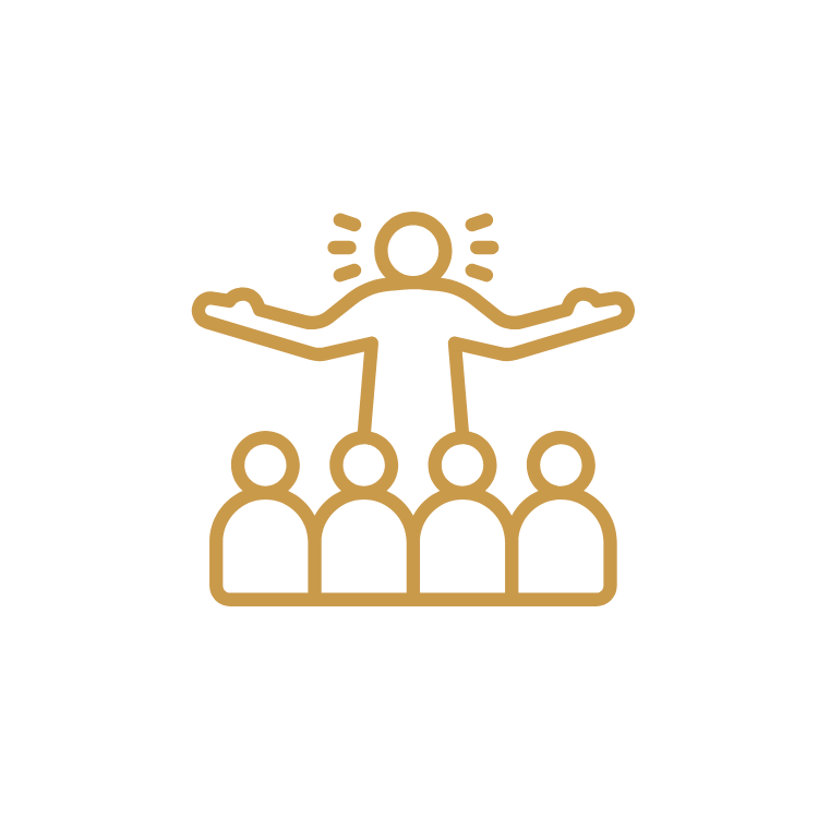 Outline of a person with arms outstretched standing above four seated people, with lines indicating emphasis or importance.