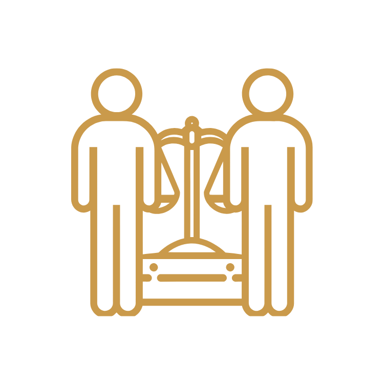Icon of two people standing on either side of a weighted scale.