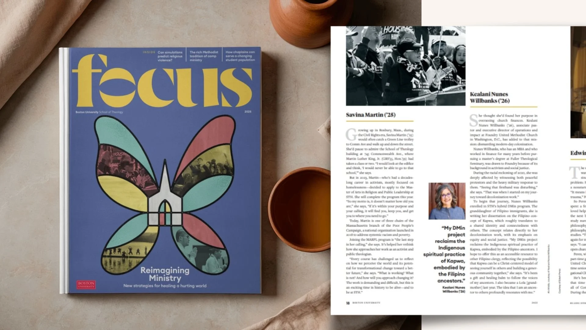 The image shows a magazine titled "Focus" with a colorful butterfly on the cover, placed on a beige surface. There is also a partially visible black and white article page next to it, and a terracotta-colored cup and a small terracotta vase are on the surface.