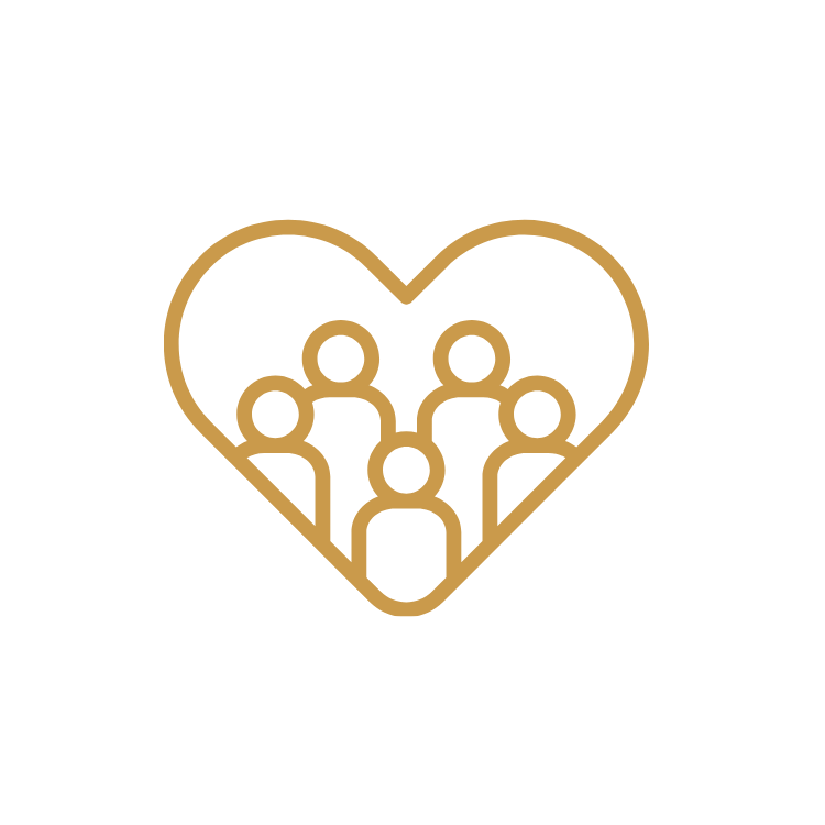 Gold outline of a heart with a group of five people inside, symbolizing community or relationship.