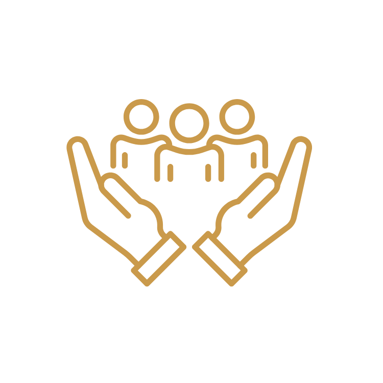 Outline of two hands holding three people, representing support or community