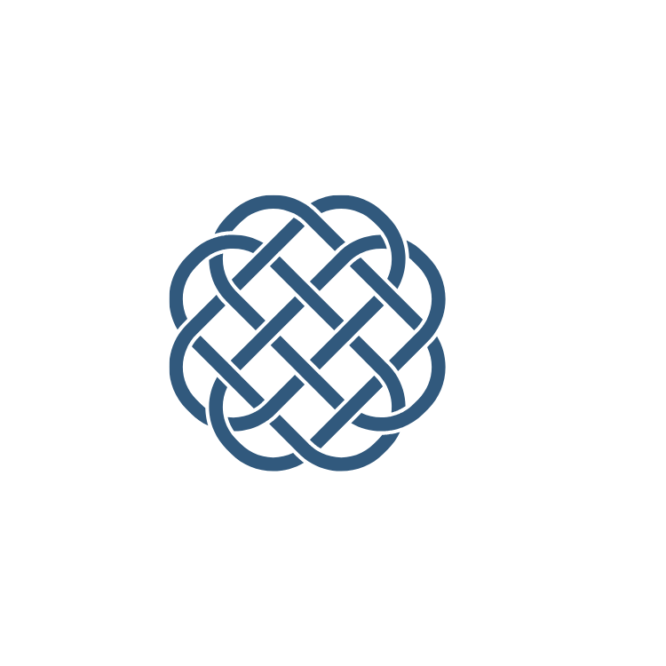 A decorative Celtic knot design in dark blue on a black background.